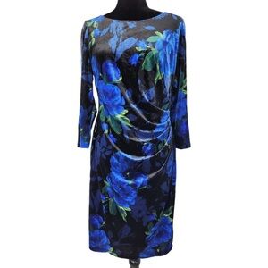 Jessica Howard dark blue floral print velour dress 3/4 sleeve deep back cut 14